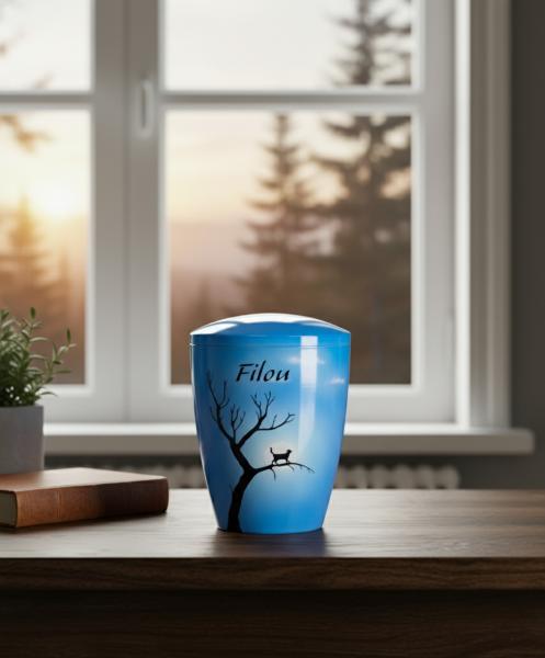 Personalisierte Tierurne 'Filou' in Hellblau mit Katze auf Baum-Silhouette. Ein einzigartiges, würdevolles Andenken für Ihren geliebten Schatz. Schaffen Sie einen stilvollen Gedenkort – jetzt kaufen.